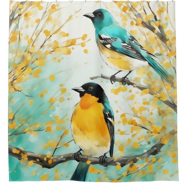 Two Birds Sitting on Tree Branch Shower Curtain (Front)
