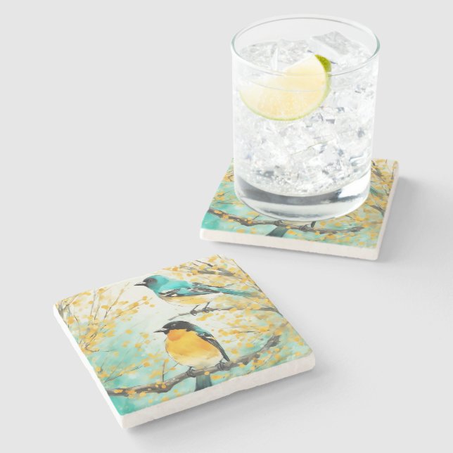 Two Birds Sitting on Tree Branch Stone Coaster (Side)
