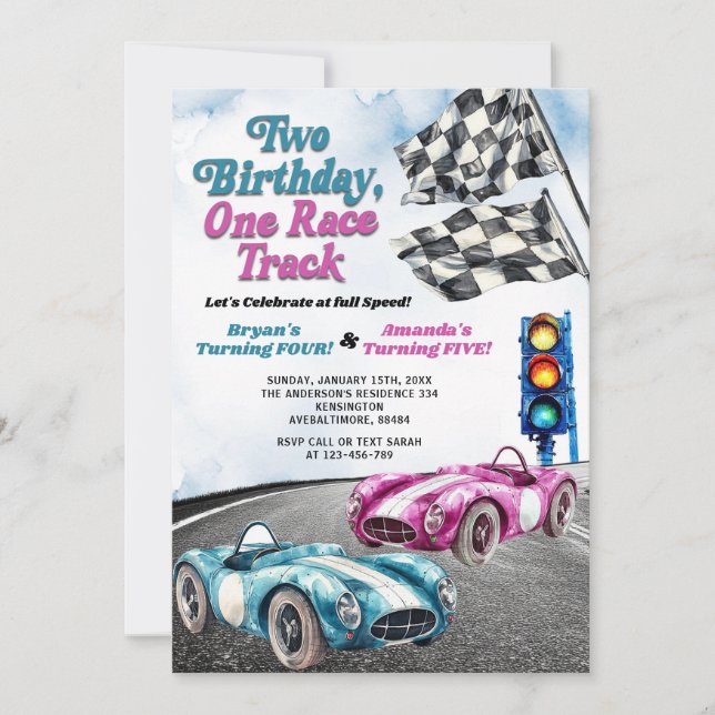 Two Birthday One Race Track Race Car Join Birthday Invitation (Front)