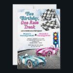Two Birthday One Race Track Race Car Join Birthday Invitation<br><div class="desc">EDITABLE Two Birthday One Race Track Race Car Joint Birthday
Elegant Kid's Joint Birthday Race Car Invite
Blue and Pink siblings boy girl birthday party
Vintage double retro racing cars birthday</div>