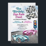 Two Birthday One Race Track Race Car Join Birthday Invitation<br><div class="desc">EDITABLE Two Birthday One Race Track Race Car Joint Birthday
Elegant Kid's Joint Birthday Race Car Invite
Blue and Pink siblings boy girl birthday party
Vintage double retro racing cars birthday</div>