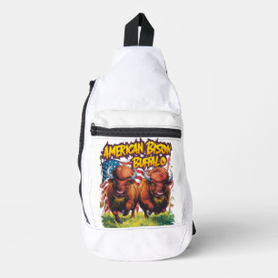 Two Bison Standing Before American Flag Sling Bag