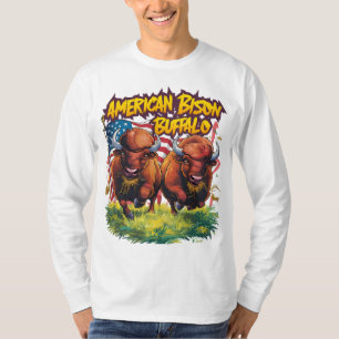 Two Bison Standing Before American Flag T-Shirt