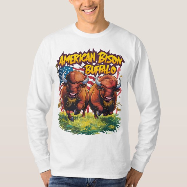Two Bison Standing Before American Flag T-Shirt (Front)