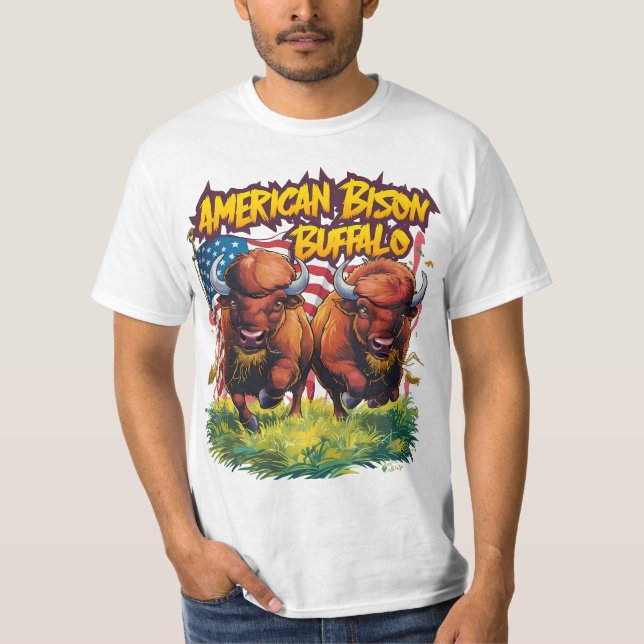 Two Bison Standing Before American Flag T-Shirt (Front)