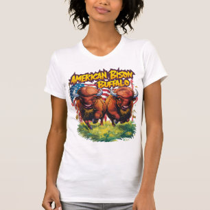 Two Bison Standing Before American Flag T-Shirt