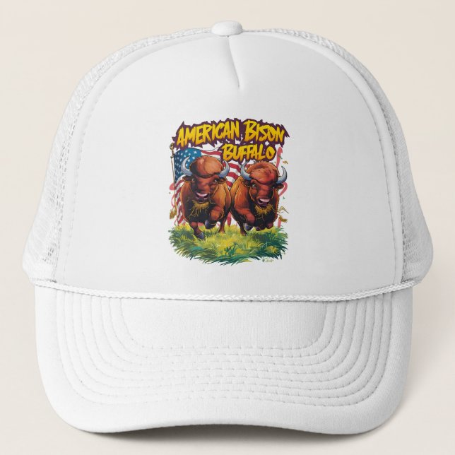 Two Bison Standing Before American Flag Trucker Hat (Front)