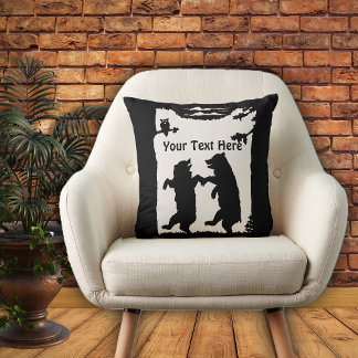 Two Black Bears Dancing Under Trees Owl on White Cushion