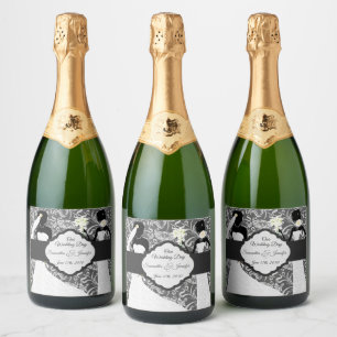 Two Black Brides Our Wedding Day Botanical Damask Sparkling Wine Label