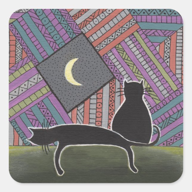 two black cats and moon square sticker (Front)