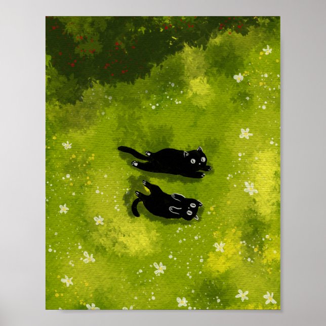 Two Black Cats in a Meadow – Peaceful Watercolor Poster (Front)