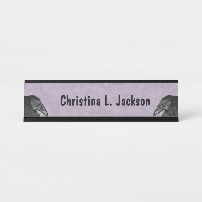 Two Black Crow Heads on Mix of Purple and White Desk Name Plate (Front)