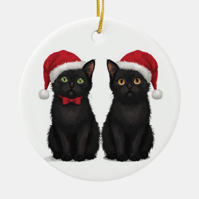Two Black Kittens Santa Hat Christmas Ceramic Tree Decoration (Front)