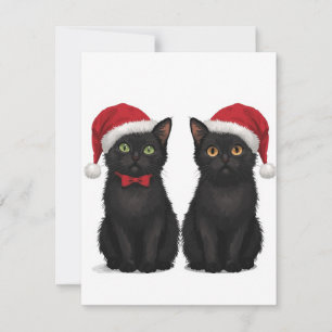 Two Black Kittens Santa Hat Christmas Holiday Card