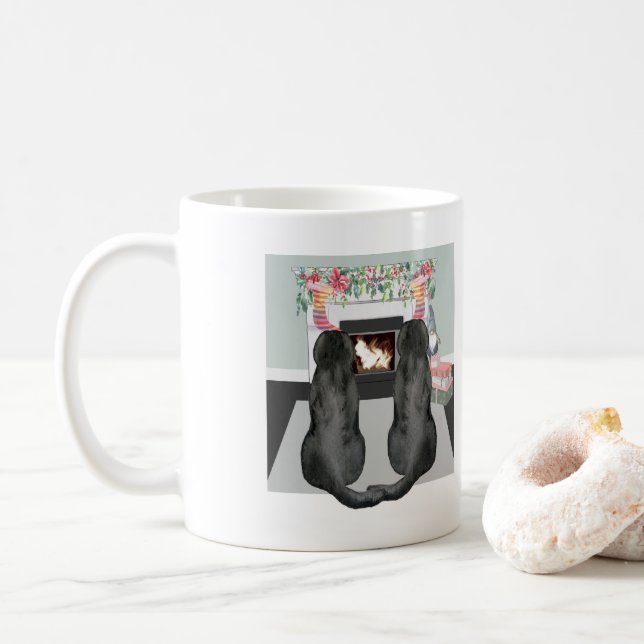 Two Black Labrador Dogs Christmas Fireplace Scene Coffee Mug (With Donut)