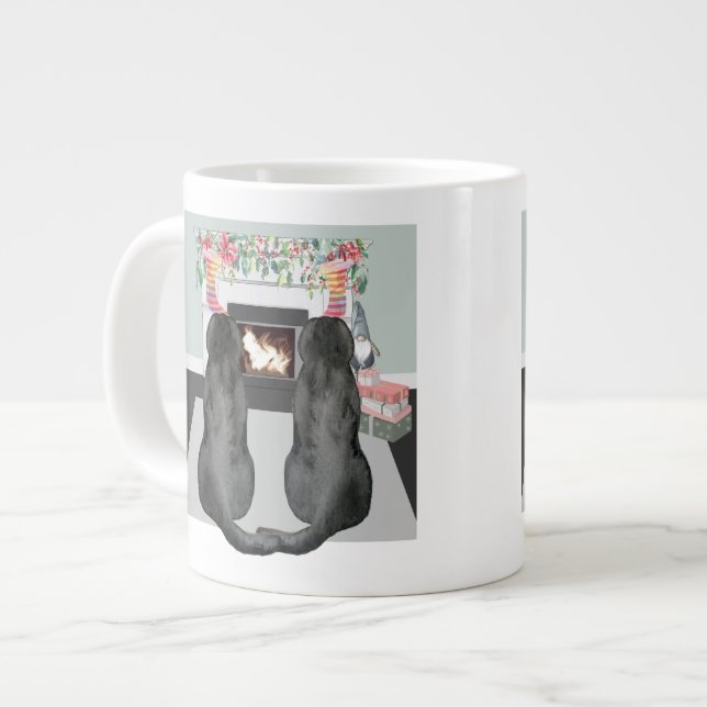 Two Black Labrador Dogs Christmas Fireplace Scene Large Coffee Mug (Front Left)