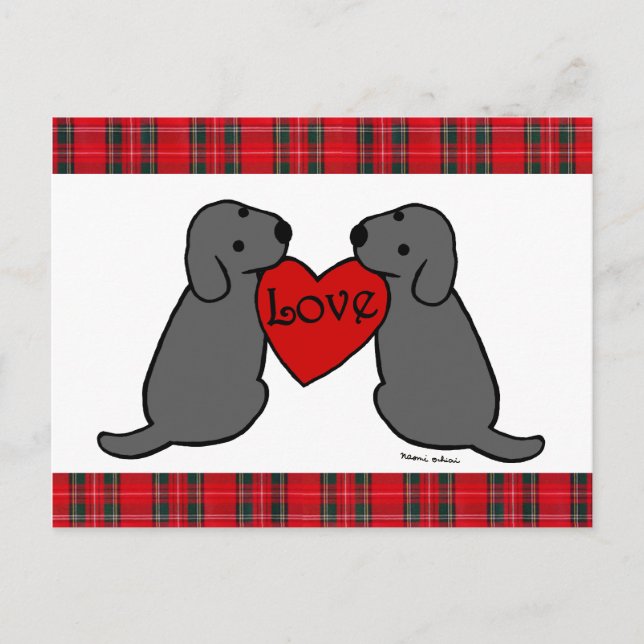 Two Black Labradors Cartoon Tartan Postcard (Front)