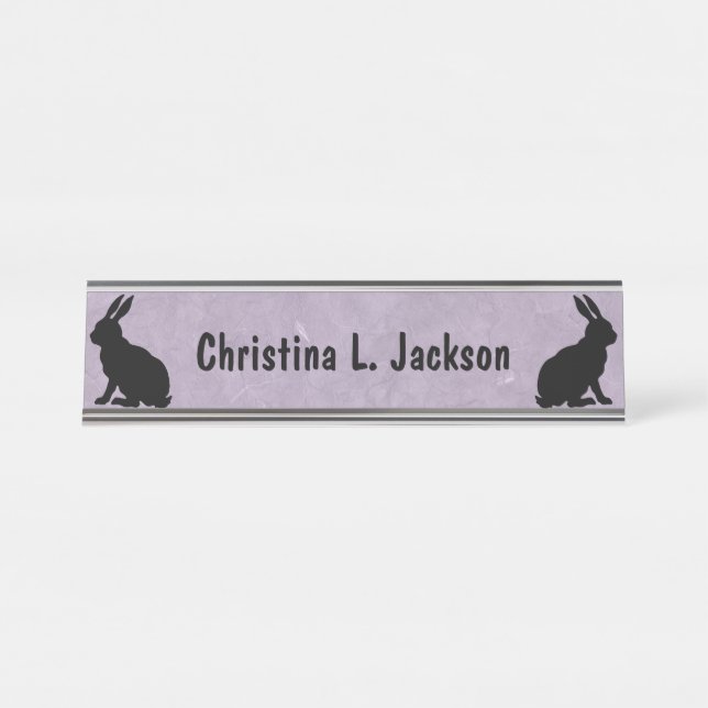 Two Black Sitting Rabbits in Silhouette on Purple Desk Name Plate (Front)
