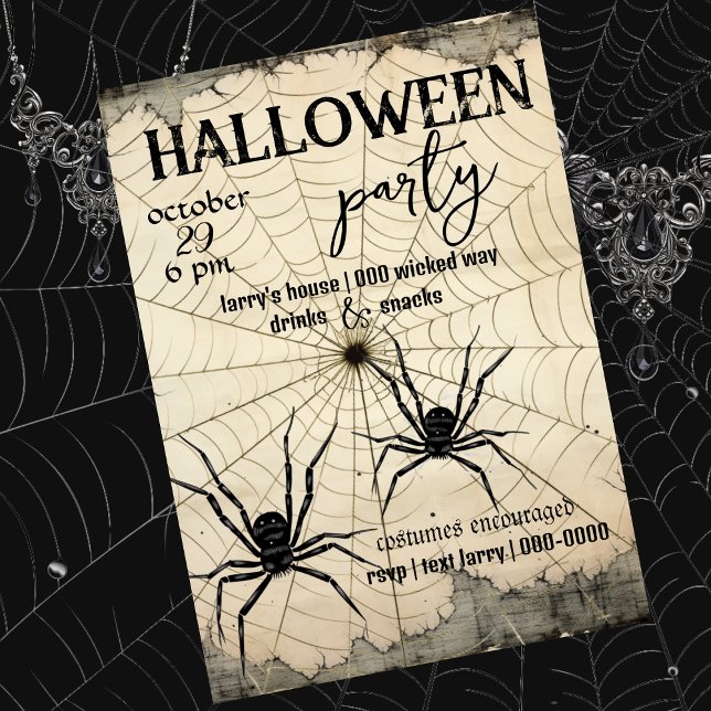 Two Black Spiders on Spider Web | Antiqued  Invitation (Black spiders, spider web, customizable Halloween Party invitation. )