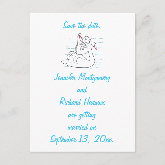 Two Black Swans Drawing Save the date Postcards (Front)