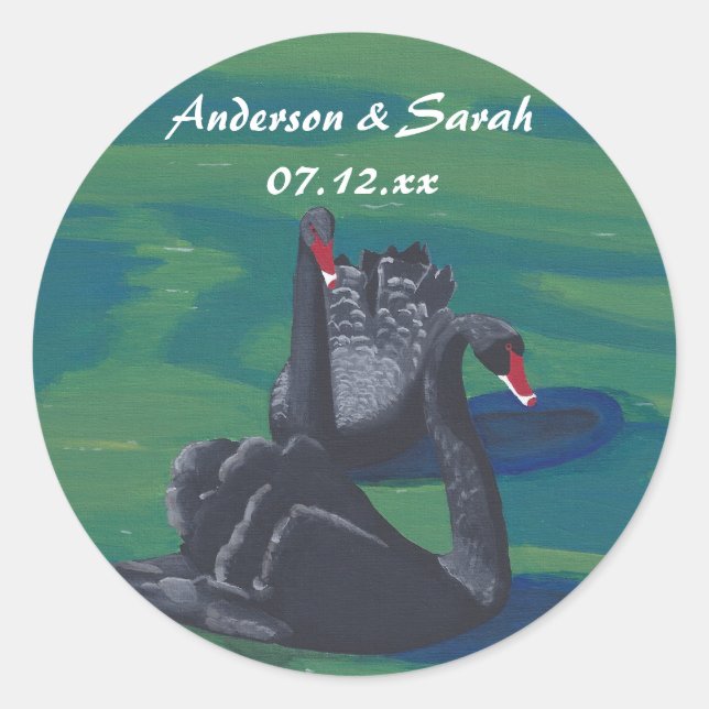 Two Black Swans Swimming Personalised Date Sticker (Front)