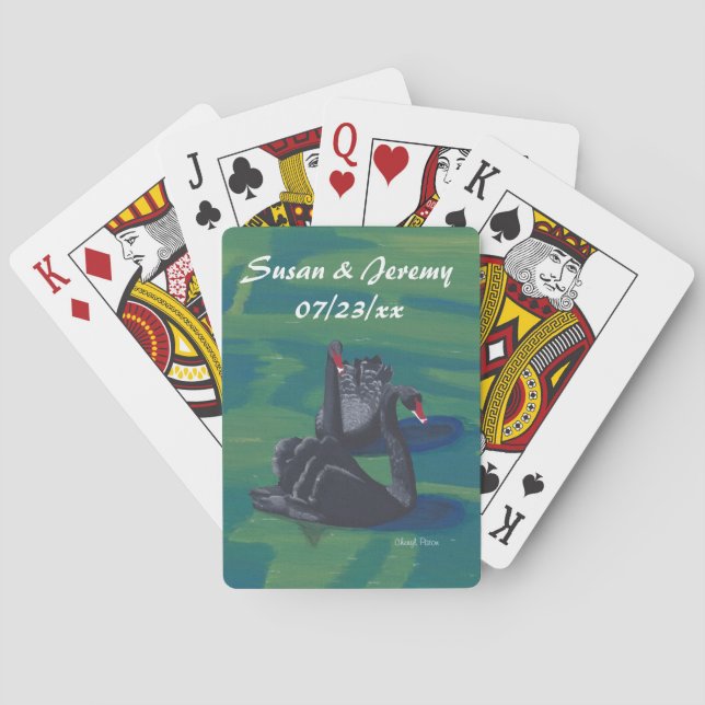Two Black Swans Swimming Wedding Playing Cards (Back)