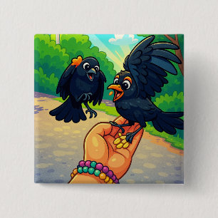 Two blackbirds feeding from hand cartoon 15 cm square badge