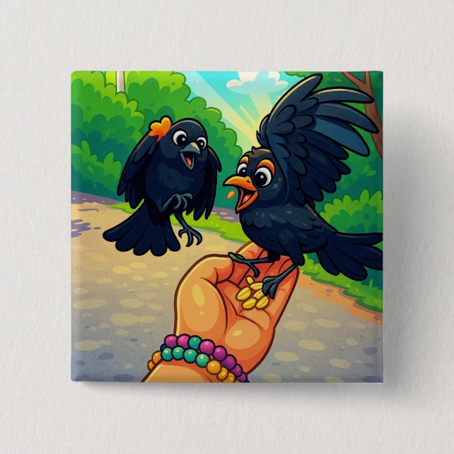 Two blackbirds feeding from hand cartoon 15 cm square badge (Front)