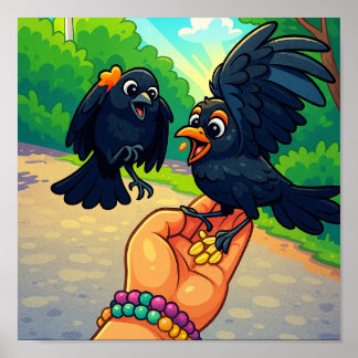 Two blackbirds feeding from hand cartoon poster