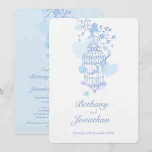Two blue birds open birdcage wedding invitation