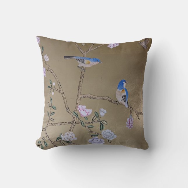 Two Blue Birds & Peony Oriental Botanical Cushion (Front)