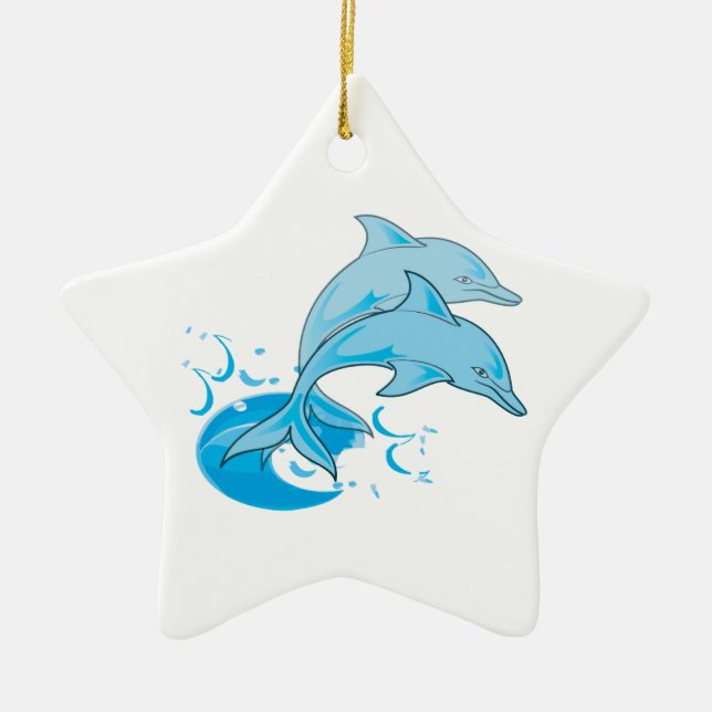 Two Blue Bottlenose Dolphins Jumping Out of Water Ceramic Tree Decoration (Front)