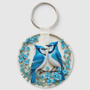 Two Blue Jays Resting on a Branch Key Ring