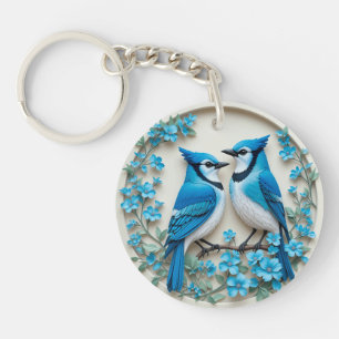 Two Blue Jays Resting on a Branch Key Ring