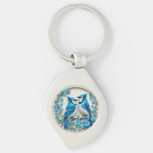 Two Blue Jays Resting on a Branch Key Ring