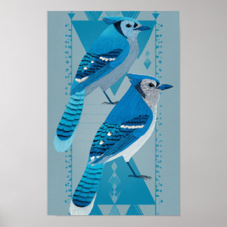 Two blue jays with geometric background poster