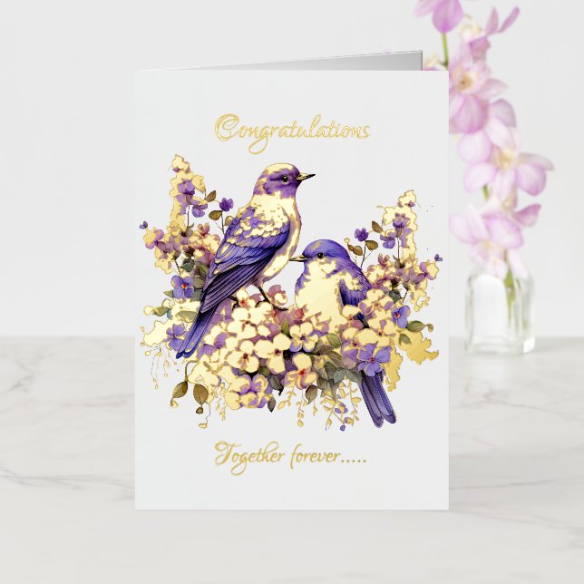 Two Bluebirds In Love Gold Foil Wedding Foil Greeting Card (Orchid)