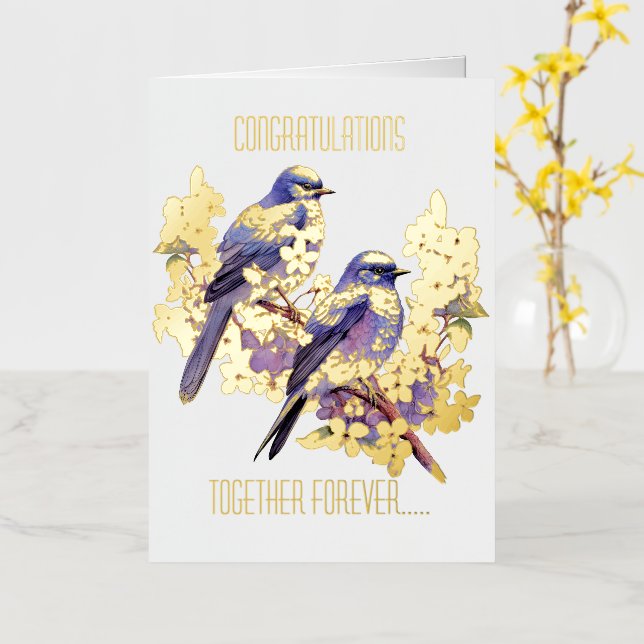 Two Bluebirds Love Wedding  Foil Greeting Card (Yellow Flower)