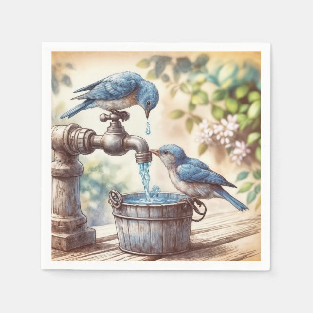 Two Bluebirds On a Faucet Napkin (Front)