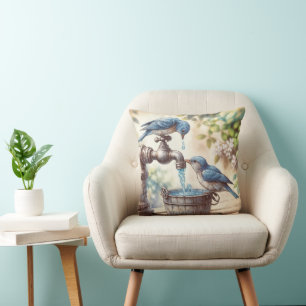 Two Bluebirds With a Retro Water Faucet Cushion