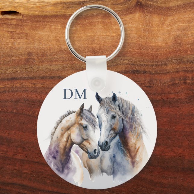 Two Boho Style Horses Monogram Key Ring (Front)