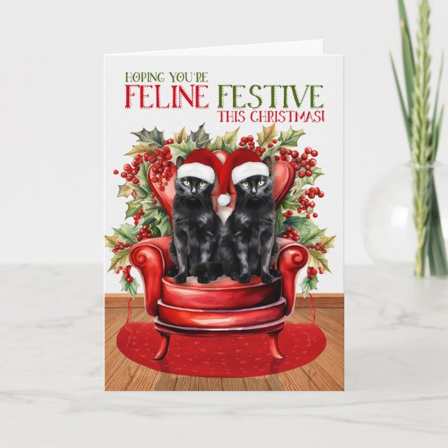 Two Bombay Black Christmas Cats FELINE Festive Holiday Card (Front)
