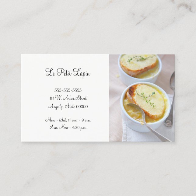Two bowls of onion soup business card (Front)