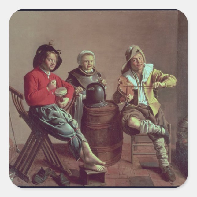 Two Boys and a Girl Making Music, 1629 Square Sticker (Front)
