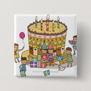 Two boys and three girls in a birthday party 15 cm square badge