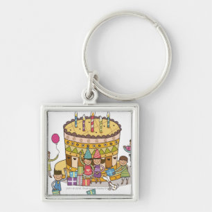 Two boys and three girls in a birthday party key ring