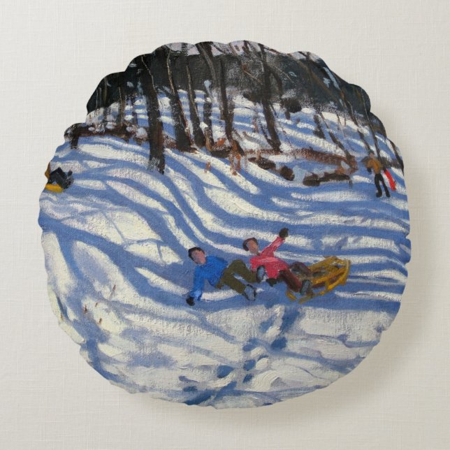 Two boys falling off a sledge Morzine Round Cushion (Front)