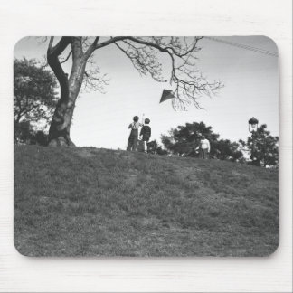 Two boys flying kite on hill B&W Mouse Mat