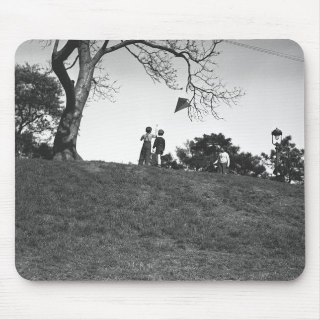 Two boys flying kite on hill B&W Mouse Mat (Front)