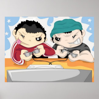 Two Boys Playing Video Game - Poster